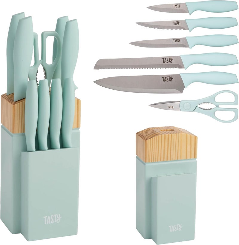 Tasty Kitchen Knife Set with Block, Cutlery Set includes Chef, Bread, Utility, Paring, Steak Knives & Shears, 10-Piece, Aqua - Image 1